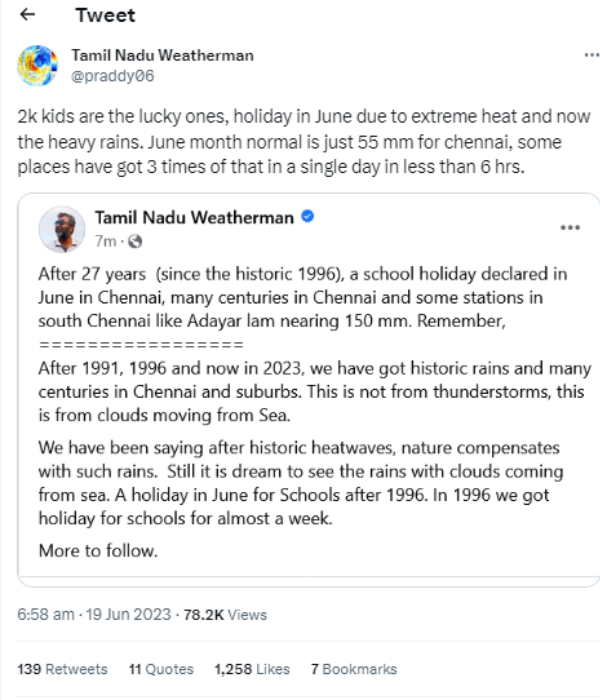 Tamilnadu Weatherman says that after 27 years Chennai schools get holiday
