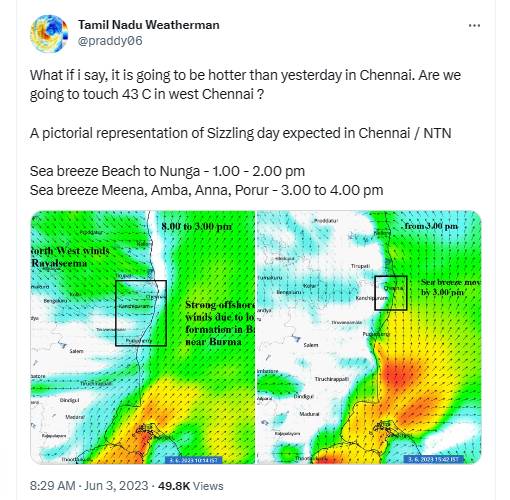 chennai hot will touch 43c today, tamilnadu weatherman tweeted about it and big warning