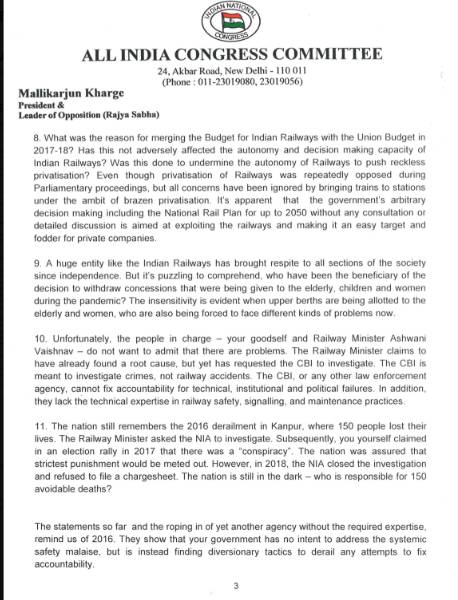 Congress President Mallikarjun Kharge writes letter to PM Modi on Odisha train accident