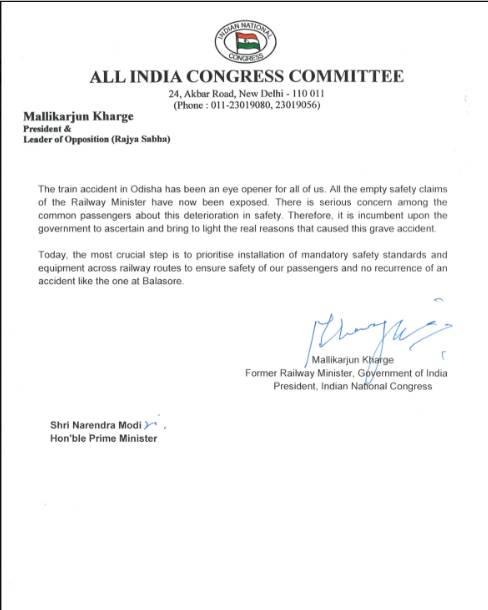 Congress President Mallikarjun Kharge writes letter to PM Modi on Odisha train accident