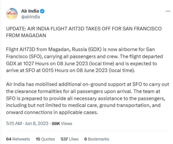 An Air India flight carrying American passengers made an emergency landing in Russia and took off again safely An Air India flight carrying American passengers made an emergency landing in Russia and took off again safely