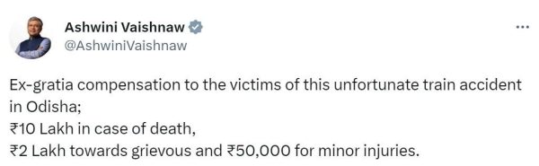 Odisha train accident: Centre announces ex-gratia compensation of Rs 10 lakhs 