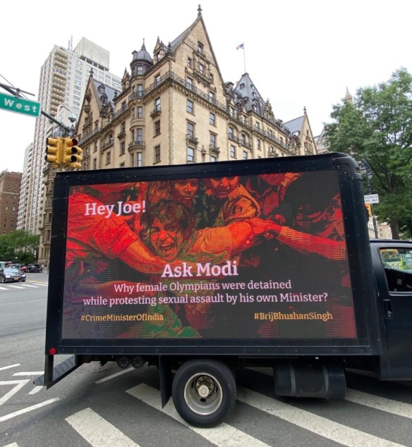 PM Modi criticised in America as Crime minister of India in a digital truck campaign PM Modi criticised in America as Crime minister of India in a digital truck campaign