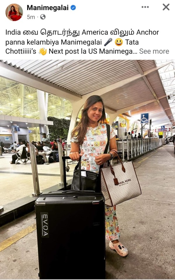  VJ Manimekalai has posted a photo of her going to America as an anchor 