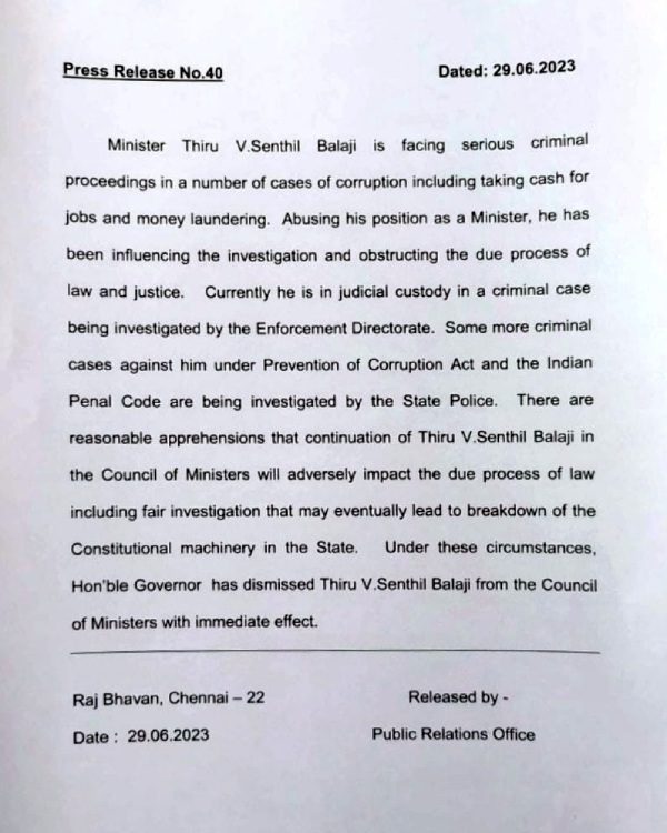 Governor RN Ravi ordered and removes Minister Senthil Balaji from the cabinet berth 