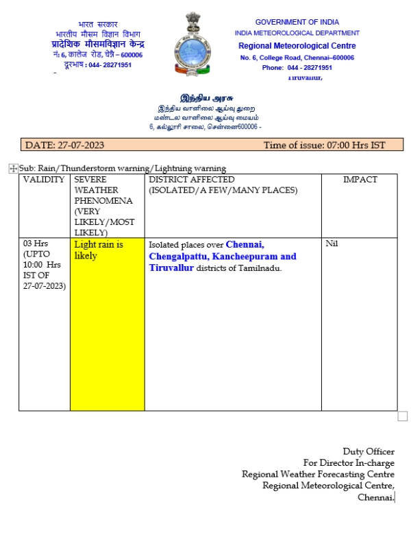 Rain alert for 4 districts including chennai for next 3 hours 