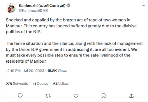 DMK MP Kanimozhi tweet about manipur insident, country suffered due to divisive politics of BJP DMK MP Kanimozhi tweet about manipur insident, country suffered due to divisive politics of BJP