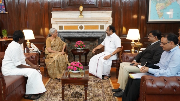 TN finance minister Thangam thennarasu meet Union finance minister Nirmala sitharaman TN finance minister Thangam thennarasu meet Union finance minister Nirmala sitharaman