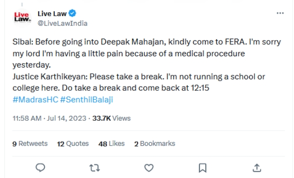 Please take a break, I am not running a school here: Judge CV Karthikeyan to Kapil sibal