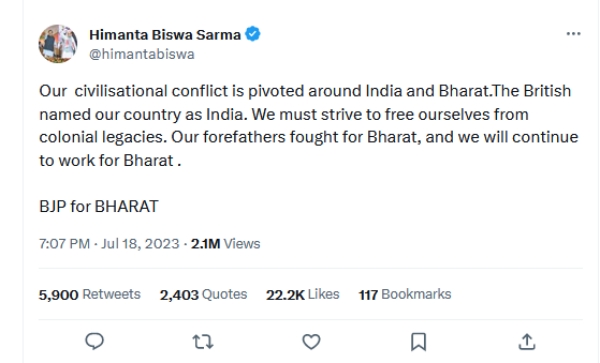 Assam CM Himanta Biswa Sarma replaces INDIA with Bharat in Twitter bio after Opposition alliance named i.n.d.i.a