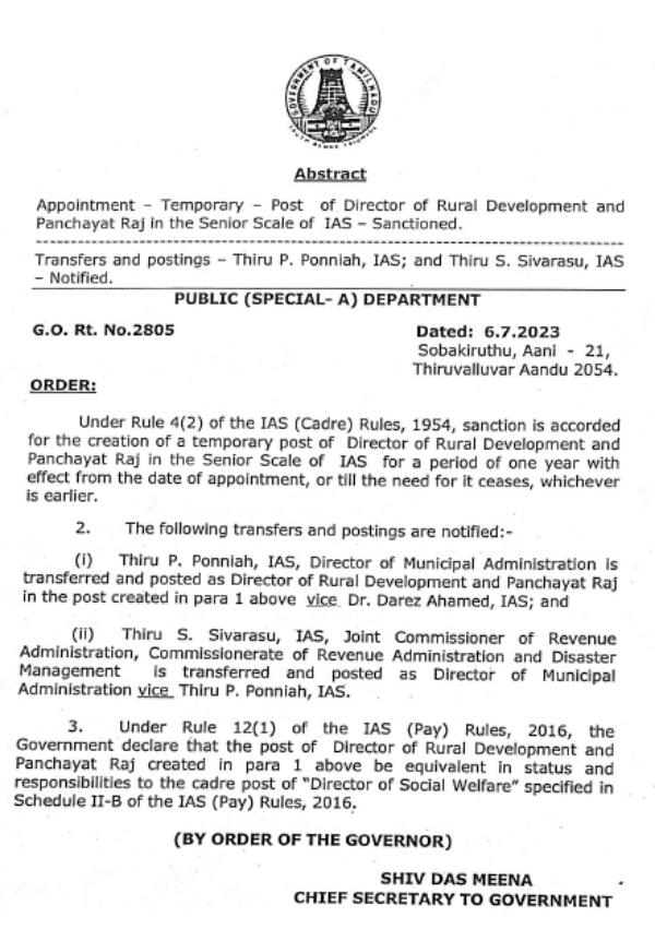 2 IAS Officers Transfer of in Tamil Nadu - Chief Secretary Transfer of orders 