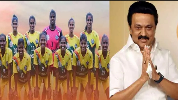National Senior Womens Football Championship winners met CM Stalin and take group photo 