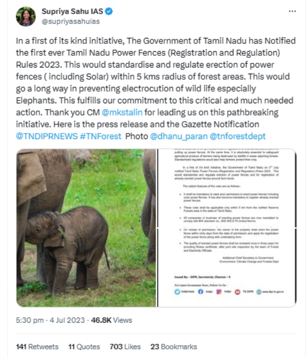 Tamil Nadu Environment Dept Secretary Supriya Sahu IAS tweeted about Electric Fences rules to protect wild animals 
