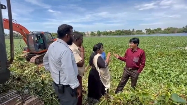 Chennai Corporation commissioner Radhakrishnan IAS, who landed directly in Velachery lake 