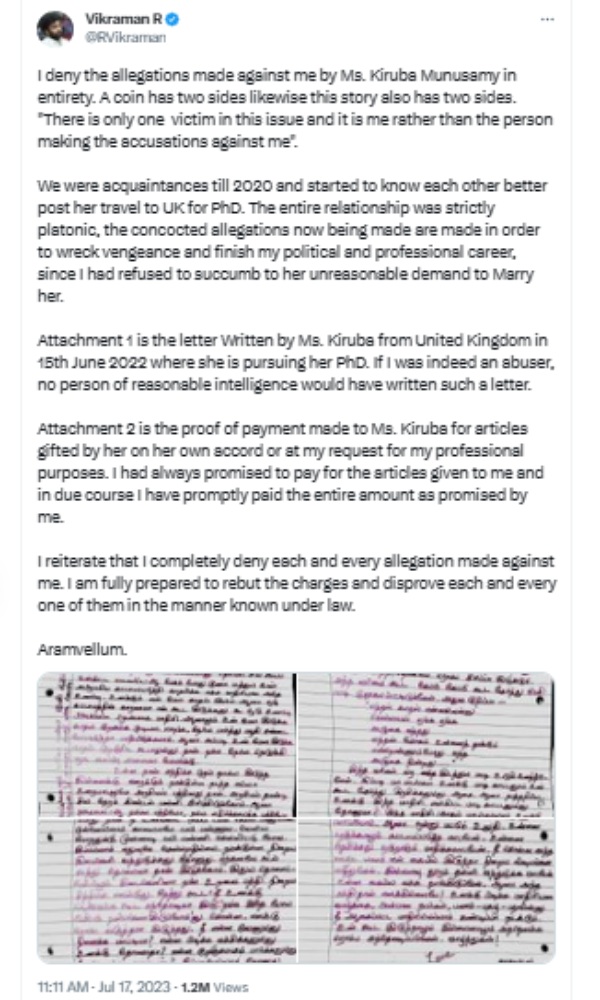 Kiruba Munusamy says that i met Thirumavalavan to complaint about Vikaraman 