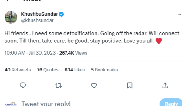 Actress Kushboo quit from social media platforms 