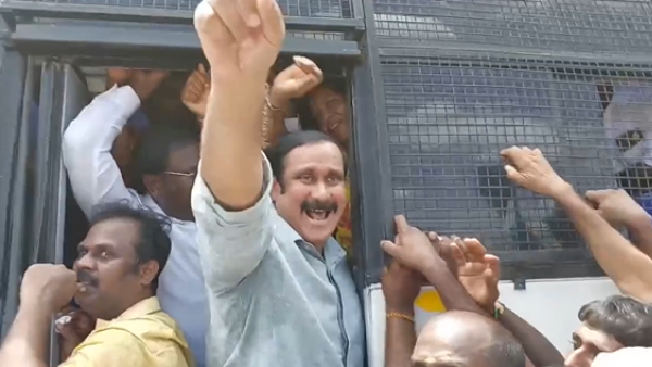  NLC Row: PMK members protest infront of police van after party Chief Anbumani Ramadoss arrest 