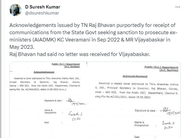 Acknowledgements issued by TN Raj Bhavan for the letters to prosecute ex-ministers released to public Acknowledgements issued by TN Raj Bhavan for the letters to prosecute ex-ministers released to public