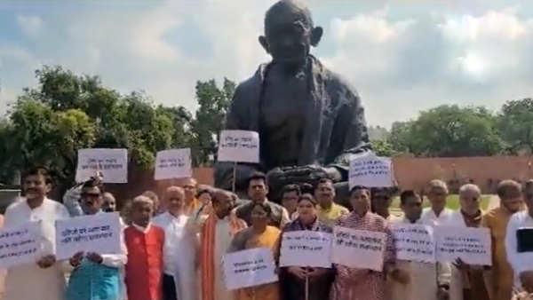 BJP Rajasthan MPs hold protest in front of Parliament Gandhi statue 