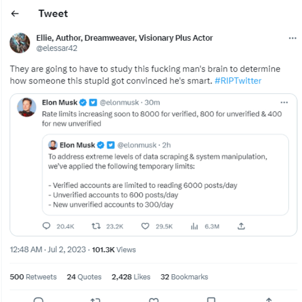  #RIPTwitter is trending after Elon Musk brings view limit for every user 