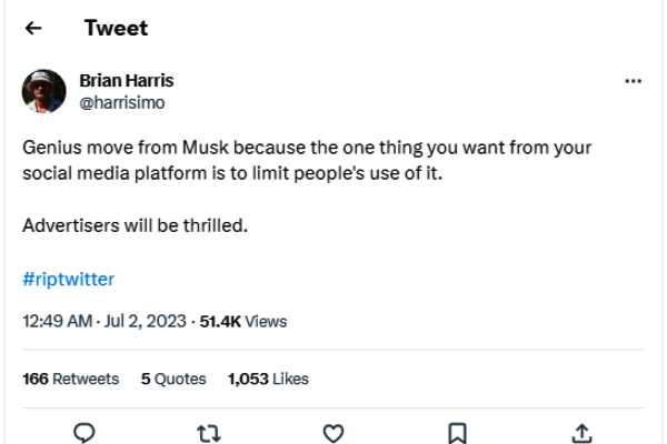  #RIPTwitter is trending after Elon Musk brings view limit for every user 