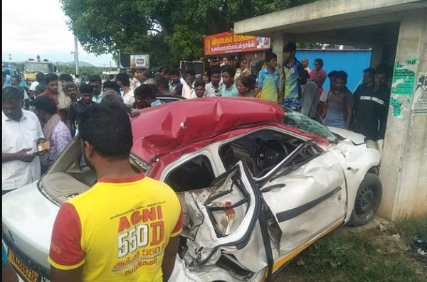Car hit at bus stop near viralimalai, 4 killed 1 with heavily injured Car hit at bus stop near viralimalai, 4 killed 1 with heavily injured