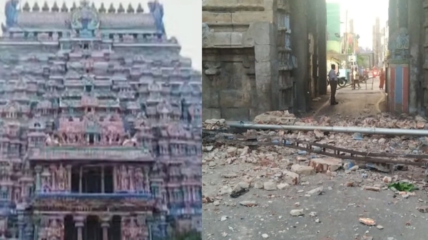 Trichy Srirangam temple Tower demolished in mid night Trichy Srirangam temple Tower demolished in mid night