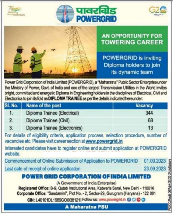  PGCIL Recruitment 2023 for 425 Diploma Trainee 