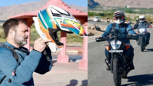  Rahul Gandhi rides bike to Pangong Lake in ladakh 