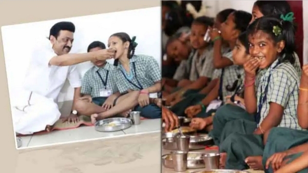 What is the reason behind CM Stalin promoting School Breakfast Expansion ceremony in multi language? 