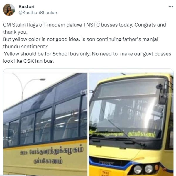 Actress Kasthuri criticized DMK Government and Yellow Bus Services by Tamil Nadu Transport Dept