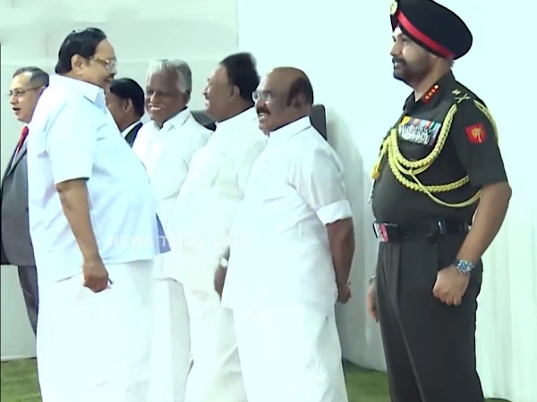  AIADMK former ministers laughing and talking with DMK ministers at raj bhavan today