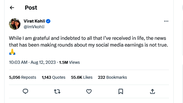 Virat Kohli clarifies about earnings after Rs 11.45 crore post Instagram stat breaks internet 