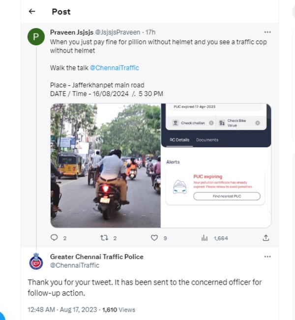 A fine of Rs 500 likely imposed on a traffic police for driving a bike without helmet in Chennai A fine of Rs 500 likely imposed on a traffic police for driving a bike without helmet in Chennai