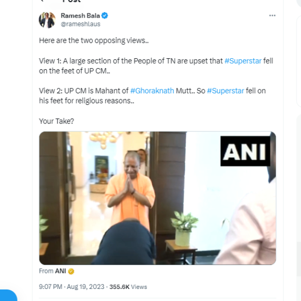 Cinema tracker Ramesh Bala on Rajini for touching Yogi Adityanath feet 