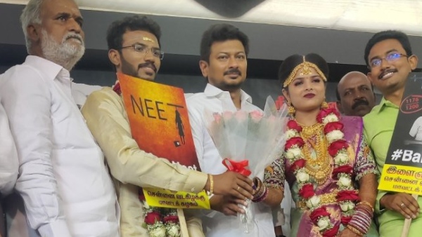 Newly married couples participate in Chennai anti Neet protest 