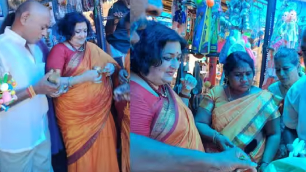 Latha Rajinikanth buys toys for grandsons at Sriranganathar temple 