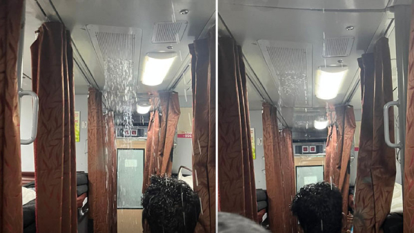 Rain water leagage into the AC compartment of the Chennai-Kanyakumari Express train 