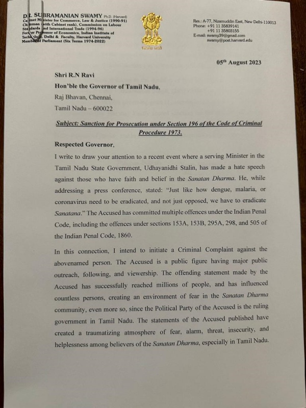 Sanatana remark: Subramanian Swamy writes letter to Governor RN Ravi to initiates cr code of criminal procedure Sanatana remark: Subramanian Swamy writes letter to Governor RN Ravi to initiates cr code of criminal procedure