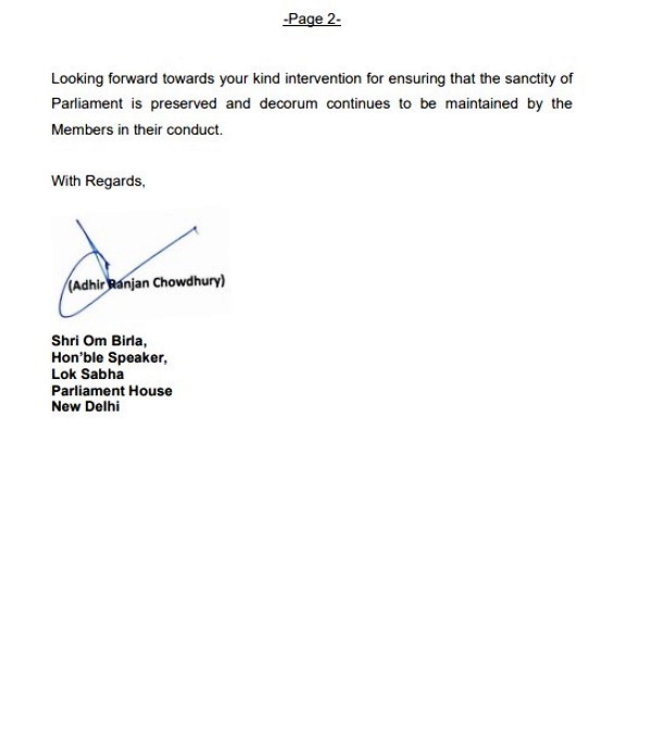 Adhir Ranjan Chowdhury writes to Lok Sabha Speaker against Ramesh Bidhuri 