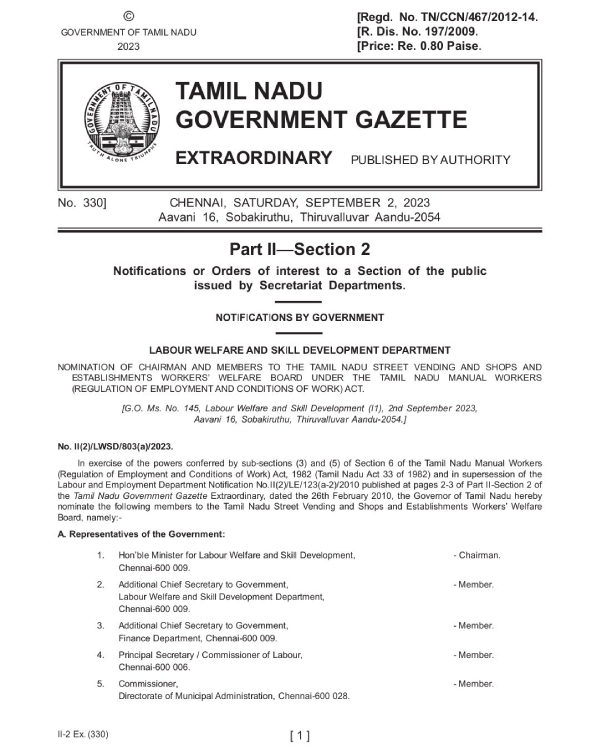 TN Government set up Street vendors welfare board 