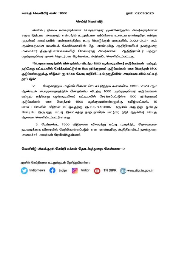Tamil Nadu government allocates 79 crore rupees to build houses for 1500 homeless families 