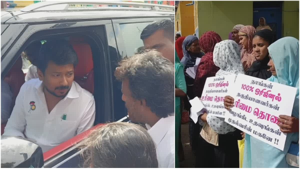 Udhayanidhi Stalins car blocked by women who demand magalir urimai thoagi in thenkasi 