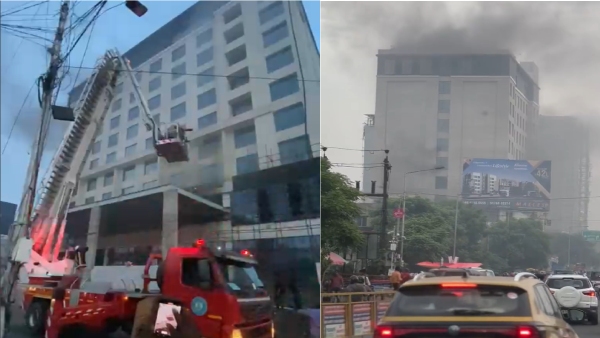 Heavy Smoker in Tambaram-Velachery road due to Chennai 9 Storey building fire, Motorists suffer Heavy Smoker in Tambaram-Velachery road due to Chennai 9 Storey building fire, Motorists suffer
