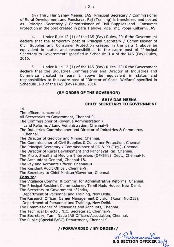 Tamil Nadu Chief Secretary Shivdas Meena has ordered the transfer of four IAS officers 
