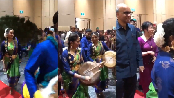 Tharman Shanmugaratnam, newly appointed President of Singapore being welcomed by beat of Parai drums 