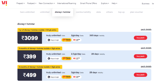 Vodafone Idea Offer with Disney+ Hotstar and Bonus Data in 3 recharge plans