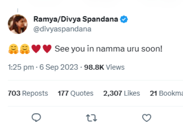 Actress Divya Spandana says that she will meet in Bangalore soon 