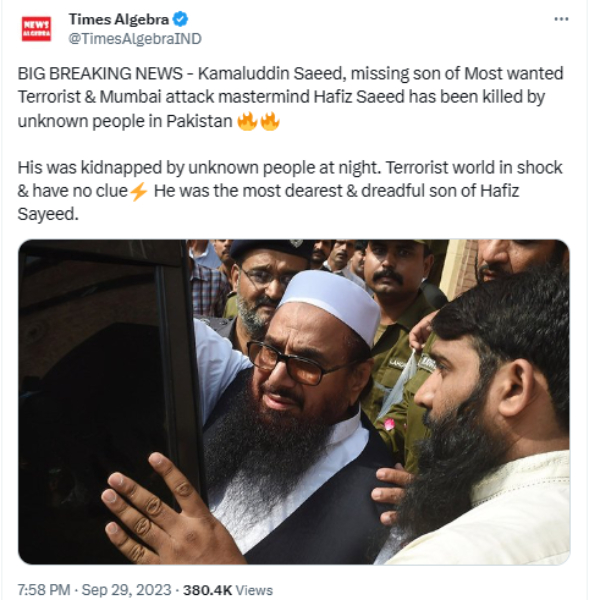  Pakistan Terrorist Hafiz Saeed’s son Kamaluddin killed?