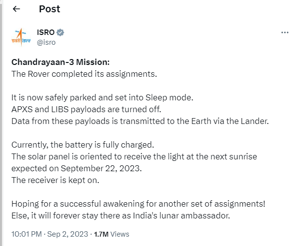Rover completed its assignments and now safely parked and set into Sleep mode, says ISRO 